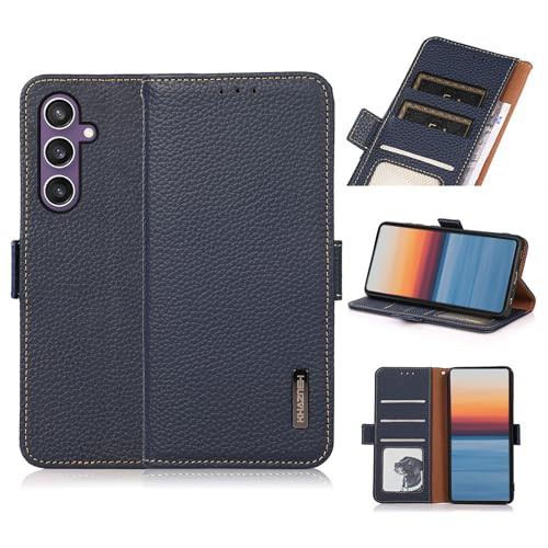 qichenlu Echtleder Tasche für Samsung Galaxy A15 4G/5G,【Standing Cover,Magnetverschluss】 Navy Blau-mit Fotorahmen Echtleder Klapphülle Book Wallet Case Geldbörse mit Kartenfächer von qichenlu