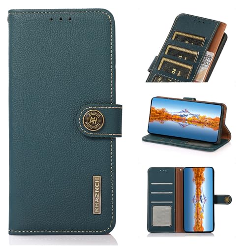 qichenlu Echtleder Tasche für Samsung Galaxy A35 5G,【Standing Cover,Magnetverschluss】 Grün-Wappen Typ Echtleder Klapphülle Book Wallet Case Geldbörse mit Kartenfächer von qichenlu