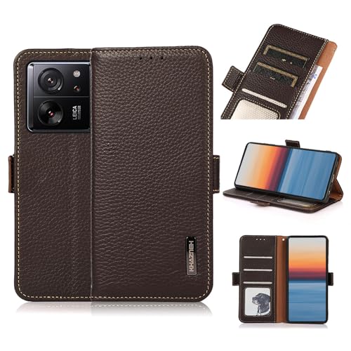 qichenlu Echtleder Tasche für Xiaomi 13T Pro/13T,【Standing Cover,Magnetverschluss】 Braun-mit Fotorahmen Echtleder Klapphülle Book Wallet Case Geldbörse mit Kartenfächer von qichenlu