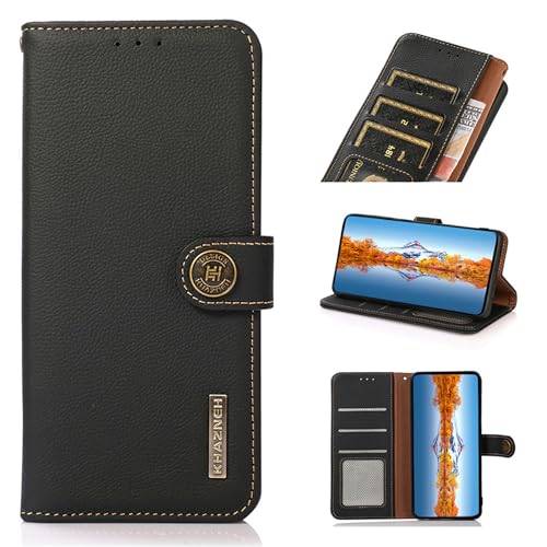 qichenlu Echtleder Tasche für Xiaomi 13T Pro/13T,【Standing Cover,Magnetverschluss】 Schwarz-Wappen Typ Echtleder Klapphülle Book Wallet Case Geldbörse mit Kartenfächer von qichenlu