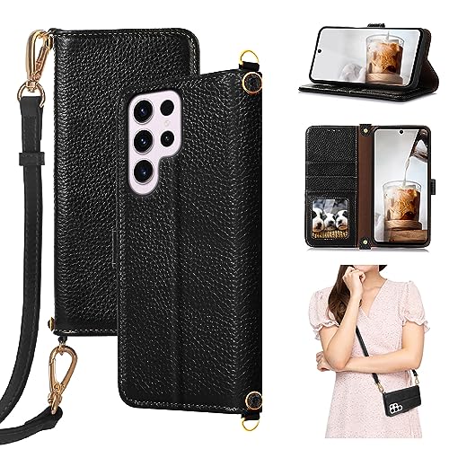 qichenlu Echtleder Umhänge Tasche,【Abnehmbare Handykette,Bling Strasssteine,RFID Schutz】 Magnet Klapphülle Kartenfach Standing Cover Wallet Case für Samsung Galaxy S23 Ultra,Klassisch Schwarz von qichenlu