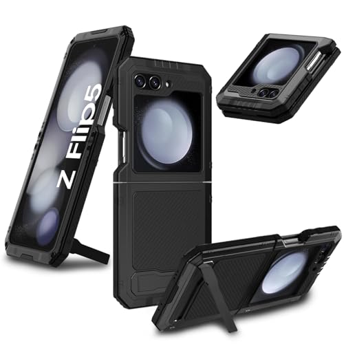 qichenlu Extrem Leicht Aluminium Bumper Case für Samsung Galaxy Z Flip 5 5G,Militärstandard-810G Stoßfest Metall Rahmen hyrid Silikon Amor Panzer Outdoor Hülle,Schwarz von qichenlu