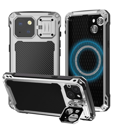 qichenlu Extrem Leicht Aluminium Outdoor Case für iPhone 15,kompatibel mit MagSafe,Magnetische 360 Grad Hülle mit Displayglas Kameraschutz Ständer,Silber von qichenlu