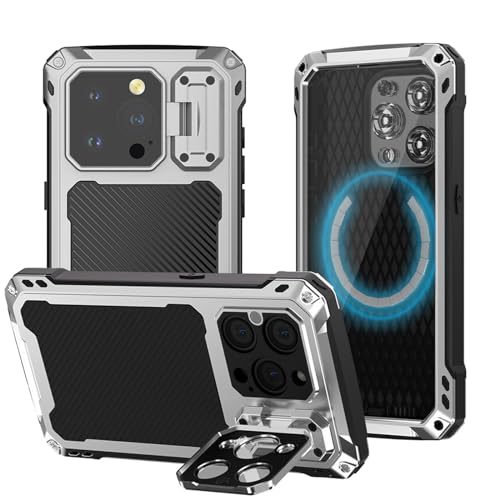 qichenlu Extrem Leicht Aluminium Metallhülle kompatibel mit iPhone 15 Pro Max,mit MagSafe,Rundumschutz Integriertes Display Schutzglas,Outdoor Case 360 Grad Hülle mit Kameraschutz Ständer,Silber von qichenlu