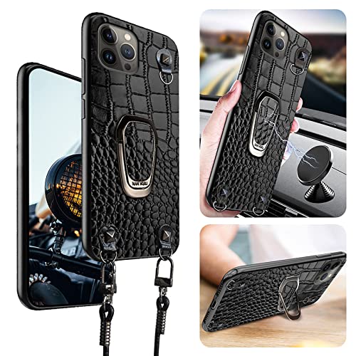 qichenlu Magnethalter Handyhülle mit Band für iPhone 14 Pro,Niete Echtleder Backcover Abnehmbare Handykette aus Rindsleder,Ring Ständer Hülle Umhängetasche Necklace Case, Schwarz von qichenlu