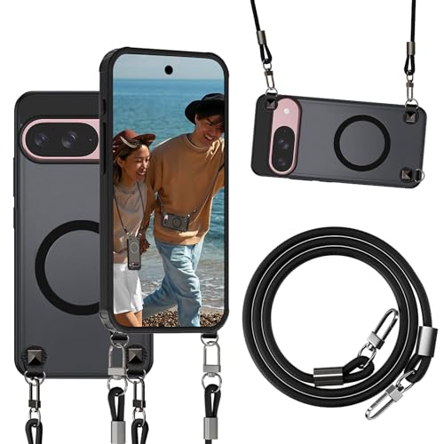 qichenlu Magnethülle Crossbody Case für Google Pixel 9/9 Pro kompatibel mit MagSafe,Abnehmbare Echtleder Schnur Niete Handy Kette Auto Magnet Halterung Hülle - Matt Schwarz qichenlu Magnethülle Crossbody Case für Google Pixel 9/9 Pro kompatibel mit MagSafe,Abnehmbare Echtleder Schnur Niete Handy Kette Auto Magnet Halterung Hülle - Matt Schwarz von qichenlu
