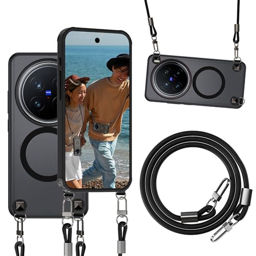 qichenlu Magnethülle Crossbody Case für VIVO X200 Pro kompatibel mit MagSafe,Abnehmbare Echtleder Schnur Niete Handy Kette Auto Magnet Halterung Hülle - Matt Schwarz qichenlu Magnethülle Crossbody Case für VIVO X200 Pro kompatibel mit MagSafe,Abnehmbare Echtleder Schnur Niete Handy Kette Auto Magnet Halterung Hülle - Matt Schwarz von qichenlu