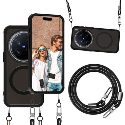 qichenlu Magnetische Hülle mit Abnehmbarer Echtleder Kette für VIVO X200 Pro mini kompatibel mit MagSafe,KFZ Magnet Handyhalterung Case - Matt Schwarz von qichenlu