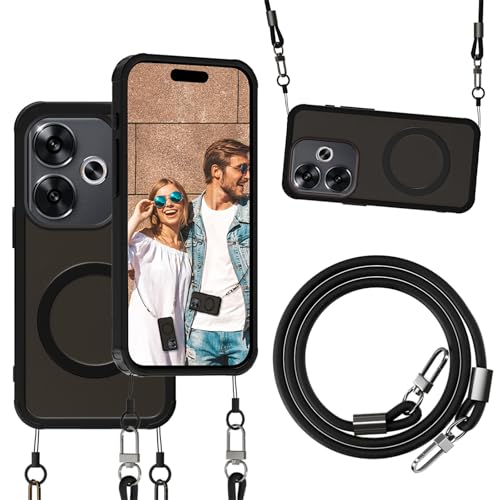 qichenlu Magnetische Hülle mit Abnehmbarer Echtleder Kette für Xiaomi Poco F6 kompatibel mit MagSafe,KFZ Magnet Handyhalterung Case - Matt Schwarz von qichenlu