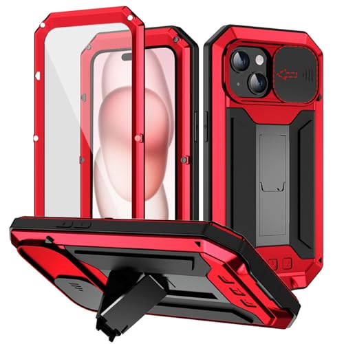 qichenlu Metall Bumper Displayschutz Glas Silikon 360 Grad Hülle kompatibel mit iPhone 15 Plus,Schiebare Kamera Schutz Ständer,Militärstandard-810G Sturzsichere Panzerhülle,Rot qichenlu Metall Bumper Displayschutz Glas Silikon 360 Grad Hülle kompatibel mit iPhone 15 Plus,Schiebare Kamera Schutz Ständer,Militärstandard-810G Sturzsichere Panzerhülle,Rot von qichenlu