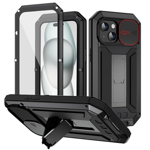 qichenlu Metall Bumper Displayschutz Glas Silikon 360 Grad Hülle kompatibel mit iPhone 15 Plus,Schiebare Kamera Schutz Ständer,Militärstandard-810G Sturzsichere Panzerhülle,Schwarz qichenlu Metall Bumper Displayschutz Glas Silikon 360 Grad Hülle kompatibel mit iPhone 15 Plus,Schiebare Kamera Schutz Ständer,Militärstandard-810G Sturzsichere Panzerhülle,Schwarz von qichenlu
