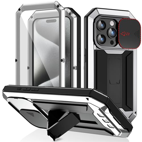 qichenlu Metall Bumper Displayschutz Glas Silikon 360 Grad Hülle kompatibel mit iPhone 15 Pro Max,Schiebare Kamera Schutz Ständer,Militärstandard-810G Sturzsichere Panzerhülle,Silber qichenlu Metall Bumper Displayschutz Glas Silikon 360 Grad Hülle kompatibel mit iPhone 15 Pro Max,Schiebare Kamera Schutz Ständer,Militärstandard-810G Sturzsichere Panzerhülle,Silber von qichenlu