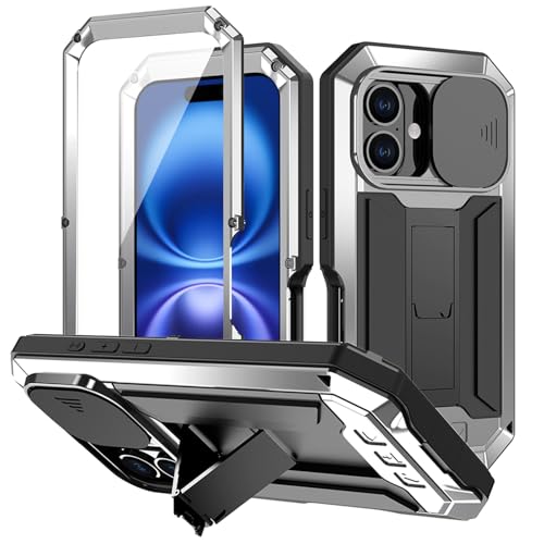 qichenlu Metall Bumper Displayschutz Glas Silikon 360 Grad Hülle kompatibel mit iPhone 16,Schiebare Kamera Schutz Ständer,Militärstandard-810G Sturzsichere Panzerhülle,Silber qichenlu Metall Bumper Displayschutz Glas Silikon 360 Grad Hülle kompatibel mit iPhone 16,Schiebare Kamera Schutz Ständer,Militärstandard-810G Sturzsichere Panzerhülle,Silber von qichenlu