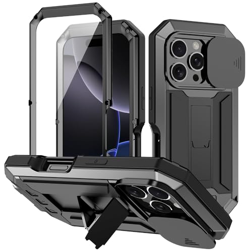 qichenlu Metall Bumper Displayschutz Glas Silikon 360 Grad Hülle kompatibel mit iPhone 16 Pro Max,Schiebare Kamera Schutz Ständer,Militärstandard-810G Sturzsichere Panzerhülle,Schwarz qichenlu Metall Bumper Displayschutz Glas Silikon 360 Grad Hülle kompatibel mit iPhone 16 Pro Max,Schiebare Kamera Schutz Ständer,Militärstandard-810G Sturzsichere Panzerhülle,Schwarz von qichenlu