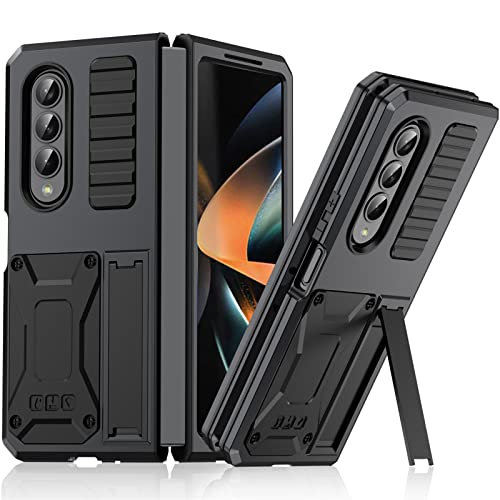 qichenlu Metall Hybrid Silikon Gehäuse für Samsung Galaxy Z Fold 4 5G,Schwarz Panzer Rüstung mit Ständer,Rand Ecken Schutz Stoßfest Bumper Armor Case Outdoor Hülle von qichenlu