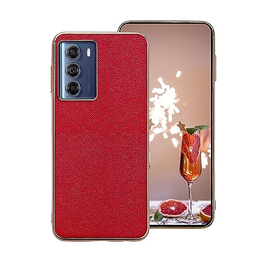 qichenlu Echtleder Hülle,【Luxuriös Chrom Rand,Robustes Rindsleder】 Elegant Rot Stoßfest TPU Bumper Echte Ledertasche Handyhülle von qichenlu