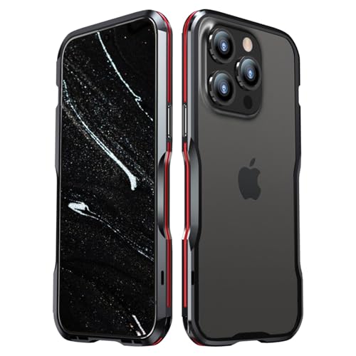 qichenlu Robust Metall Bumper Case Schwarz&Rot Stoßfest Hülle kompatibel mit iPhone 15 Pro Max,Leicht Aluminium Rahmen kompatibel mit iPhone 15 Pro Max,mit Kamera Ring Glas Rückseite Folie von qichenlu