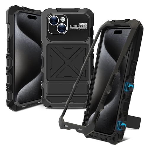 qichenlu Schnell Einbau ohne Schraube Outdoor Hülle kompatibel mit iPhone 15,Extrem Leicht Aluminium Rahmen Militärstandard Stoßfest Handyhülle Metall Silikon Display Glas Case,Schwarz von qichenlu