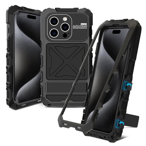 qichenlu Schnell Einbau ohne Schraube Outdoor Hülle kompatibel mit iPhone 15 Pro,Extrem Leicht Aluminium Rahmen Militärstandard Stoßfest Handyhülle Metall Silikon Display Glas Case,Schwarz von qichenlu