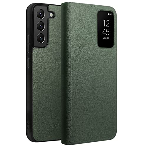 qichenlu Smart View Cover für Samsung Galaxy S22,【Intelligenter Chip, Anrufe annehmen ohne Klappe zu öffnen】 Grün Ultra Weich Echtes Nappa Leder Auto Schlaf Flipcase Schutzhülle von qichenlu