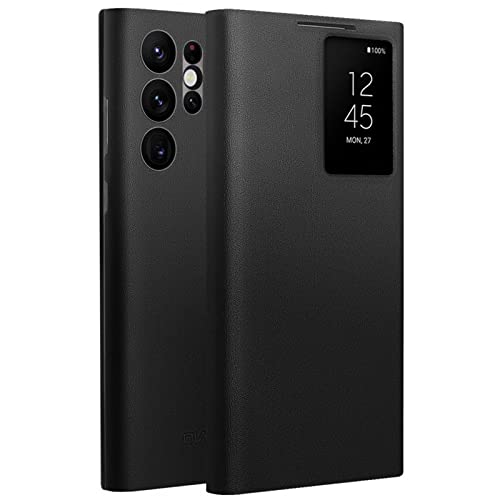 qichenlu Smart View Cover für Samsung Galaxy S22 Ultra,【Intelligenter Chip, Anrufe annehmen ohne Klappe zu öffnen】 Schwarz Ultra Weich Echtes Nappa Leder Auto Schlaf Flipcase Schutzhülle von qichenlu
