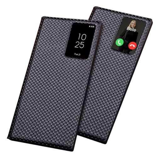 qichenlu Smart View Cover für Samsung Galaxy S22 Ultra,【Intelligenter Chip, Auto Schlaf/Aufwachen】 Business Schwarz Echtleder Schutzhülle Tasche mit Sichtfenster Bookcase von qichenlu