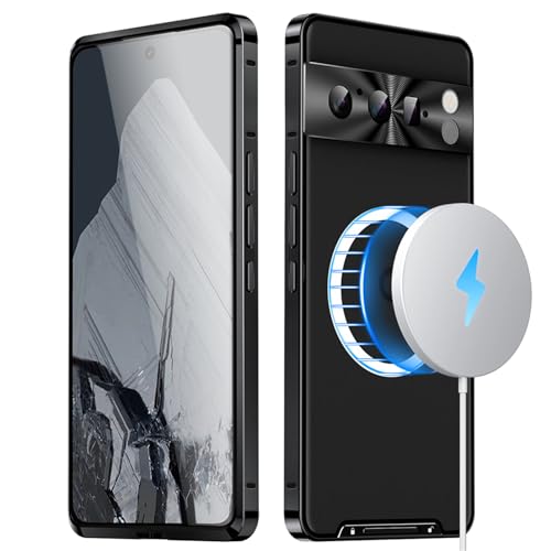 qichenlu Stoßfest Metall Bumper Case kompatibel mit MagSafe für Google Pixel 7,Schwarz Luftfarht Aluminium Rahmen Halbdurchsichtig Backcover Rückseite Kamera Linsenglas Schutz Magnetische Hülle von qichenlu