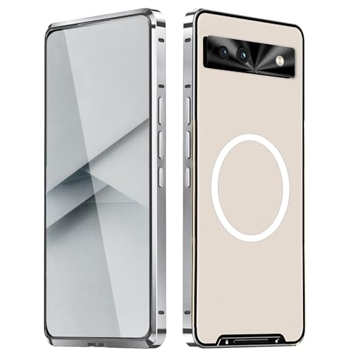 qichenlu Stoßfest Metall Bumper Case kompatibel mit MagSafe für Google Pixel 7,Silber Luftfarht Aluminium Rahmen Halbdurchsichtig Backcover Rückseite Kamera Linsenglas Schutz Magnetische Hülle von qichenlu