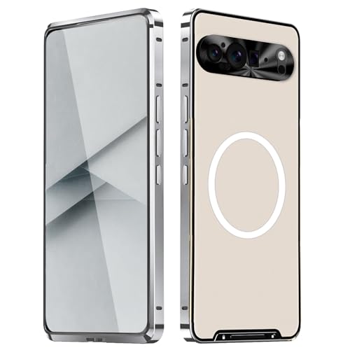 qichenlu Stoßfest Metall Bumper Case kompatibel mit MagSafe für Google Pixel 9,Silber Luftfarht Aluminium Rahmen Halbdurchsichtig Backcover Rückseite Kamera Linsenglas Schutz Magnetische Hülle von qichenlu