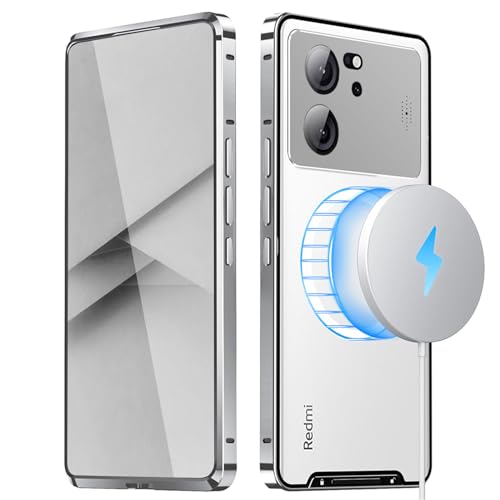 qichenlu Stoßfest Metall Bumper Case kompatibel mit MagSafe für Xiaomi 13T Pro/13T,Silber Luftfarht Aluminium Rahmen Halbdurchsichtig Cover Rückseite Kamera Linsenglas Schutz Magnetische Hülle von qichenlu