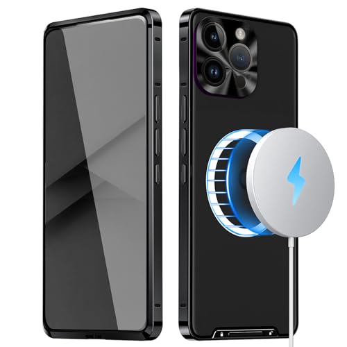 qichenlu Stoßfest Metall Bumper Case kompatibel mit MagSafe für iPhone 15 Pro Max,Schwarz Luftfarht Aluminium Rahmen Halbdurchsichtig Cover Rückseite Kamera Linsenglas Schutz Magnetische Hülle von qichenlu