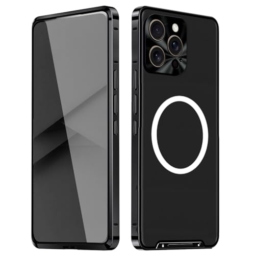 qichenlu Stoßfest Metall Bumper Case kompatibel mit MagSafe kompatibel mit iPhone 16,Schwarz Luftfarht Aluminium Rahmen Halbdurchsichtig Backcover Rückseite Kamera Linsenglas Schutz Magnetische Hülle von qichenlu