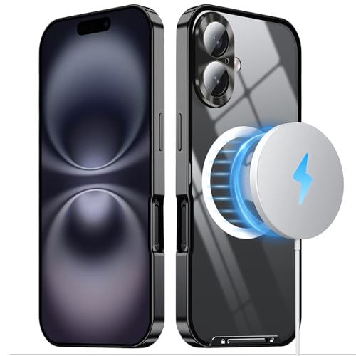 qichenlu Stoßfest Metall Bumper Case kompatibel mit MagSafe kompatibel mit iPhone 16,Schwarz Luftfarht Aluminium Rahmen Halbdurchsichtig Backcover Rückseite Kamera Linsenglas Schutz Magnetische Hülle von qichenlu