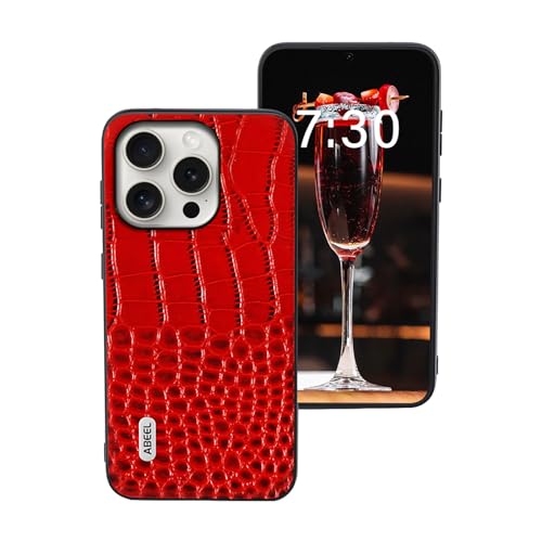 qichenlu iPhone 15 Pro Max Echtleder Handyhülle,【Geprägtes Krokodil Muster,Stoßfest Weicher Rand】 Robustes Rindsleder Backcover Tiermuster Leder Tasche kompatibel mit iPhone 15 Pro Max,Rot von qichenlu