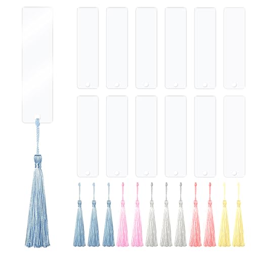 qingmeng Acryl Lesezeichen Rohlinge, 12 Set Blanko Bookmark, Lesezeichen Personalisiert, 12 Transparent Rechteckig Lesezeichen 12 Bunten Quaste (Zufällige Farbe) für DIY Geschenkanhänger von qingmeng
