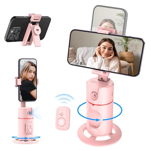 Auto Face Tracking Stativ, Smart Shooting Handyhalterung mit Fernbedienung Kein App Erforderlich 360° Drehbarer Face Tracker Kompatibel mit Allen Handys für Live Streaming/Video/Konferenzen (Rosa) von qirita