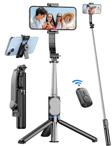 Selfie Stick Stativ, 106cm Handy Stativ Erweiterbar Handystativhalter mit Abnehmbarer Fernbedienung & Handy Ständer, Selfie Stange Stativ für Smartphone 360° Drehbar Kompatibel mit iPhone, Android von qirita