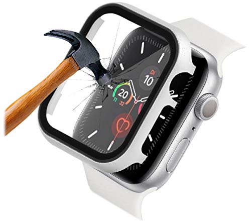 qualiquipment Aluminium Hülle mit Displayschutz für Apple Watch 44mm 40mm iWatch 360° Rundum Full Cover Schutzhülle mit Schutzglas Bumper Case (44mm, Silber) von qualiquipment