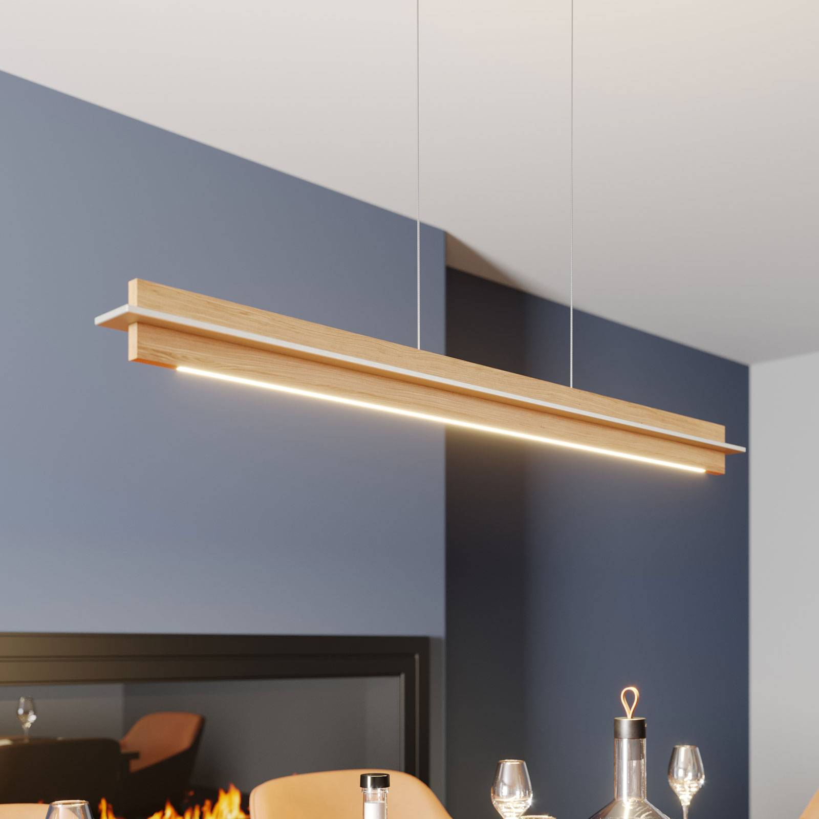 Quitani LED-Pendellampe Lexa, eiche/nickel, Länge 118 cm von quitani