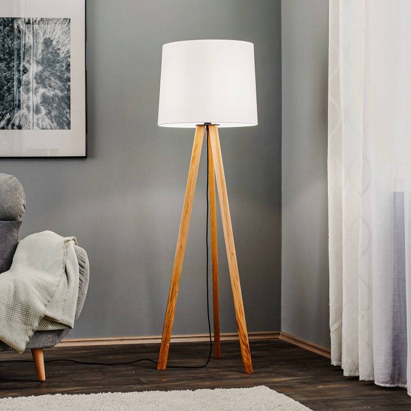 Quitani Stehlampe Alos, Eiche, Chintz weiß, Tripod von Quitani