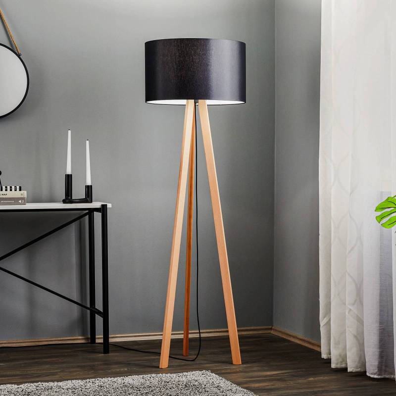 Quitani Stehlampe Arim, Buche, Chintz schwarz, Tripod von Quitani
