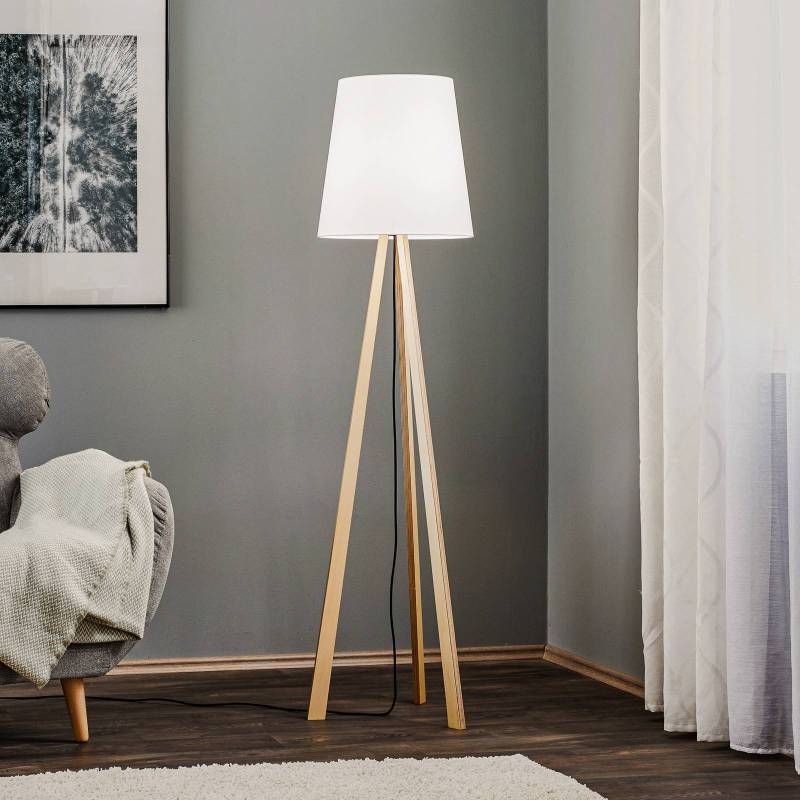 Quitani Stehlampe Jata, Holz, Chintz weiß, Tripod von Quitani