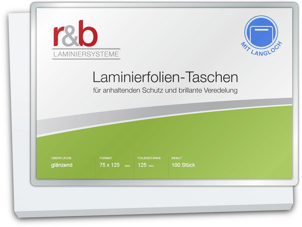 r&b Laminiersysteme Schutzfolie Laminierfolien 75 x 125 mm, 2 x 125 mic, glänzend, mit Langloch von r&b Laminiersysteme