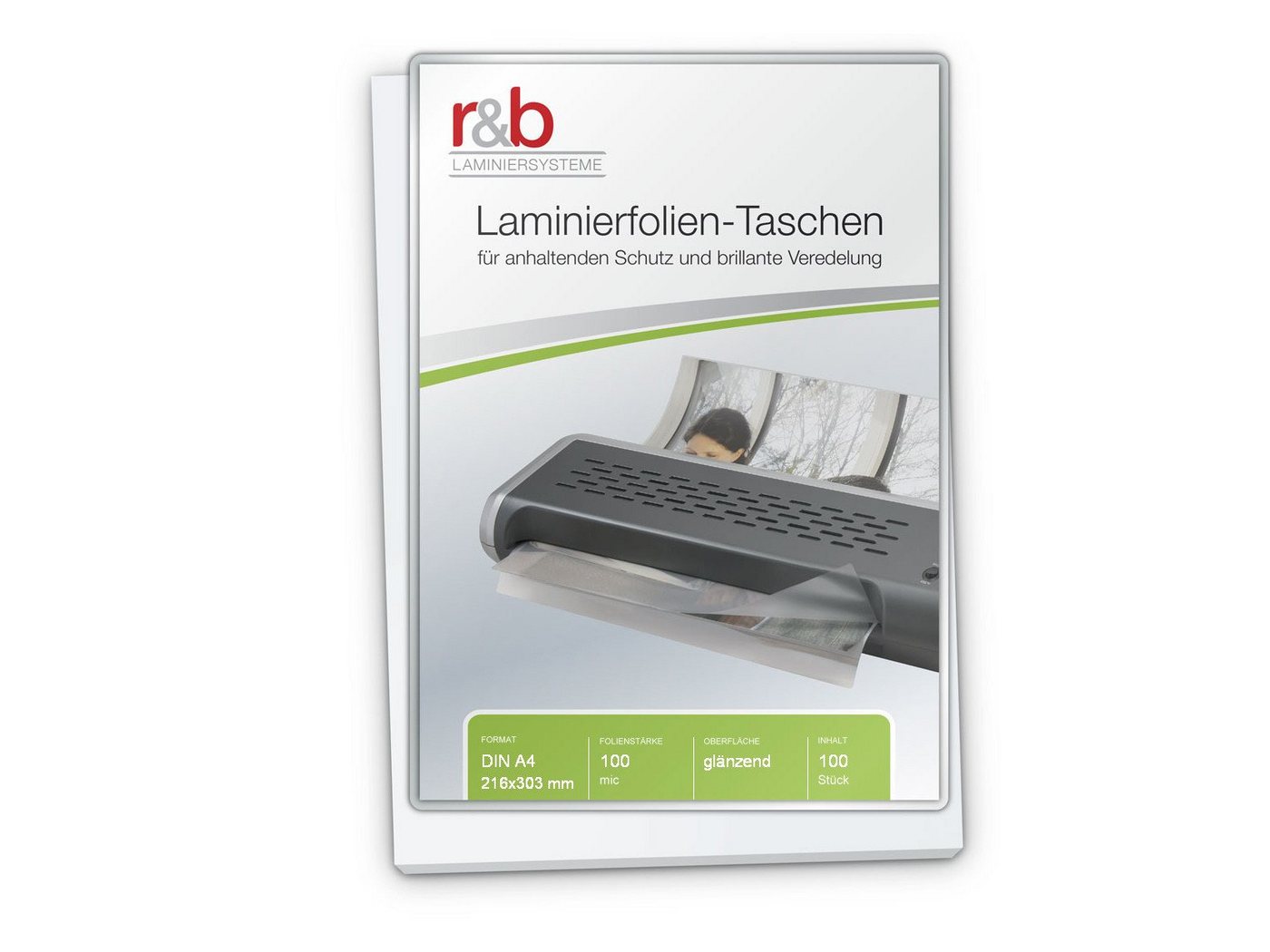 r&b Laminiersysteme Schutzfolie Laminierfolien A4 (216 x 303 mm), 2 x 100 mic, glänzend, 100 Stück von r&b Laminiersysteme