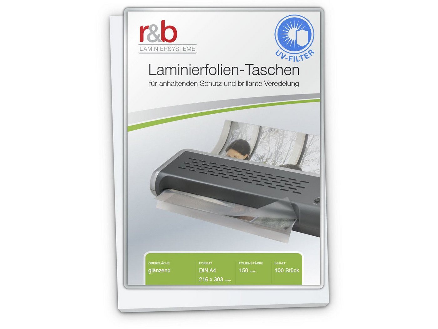 r&b Laminiersysteme Schutzfolie Laminierfolien A4 (216 x 303 mm) 2 x 150 mic glänzend mit UV Filter von r&b Laminiersysteme