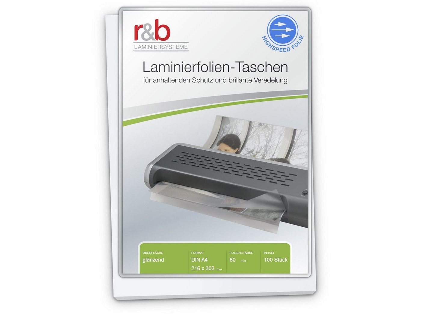 r&b Laminiersysteme Schutzfolie Laminierfolien A4 (216 x 303 mm) 2 x 80 mic glänzend Highspeed von r&b Laminiersysteme