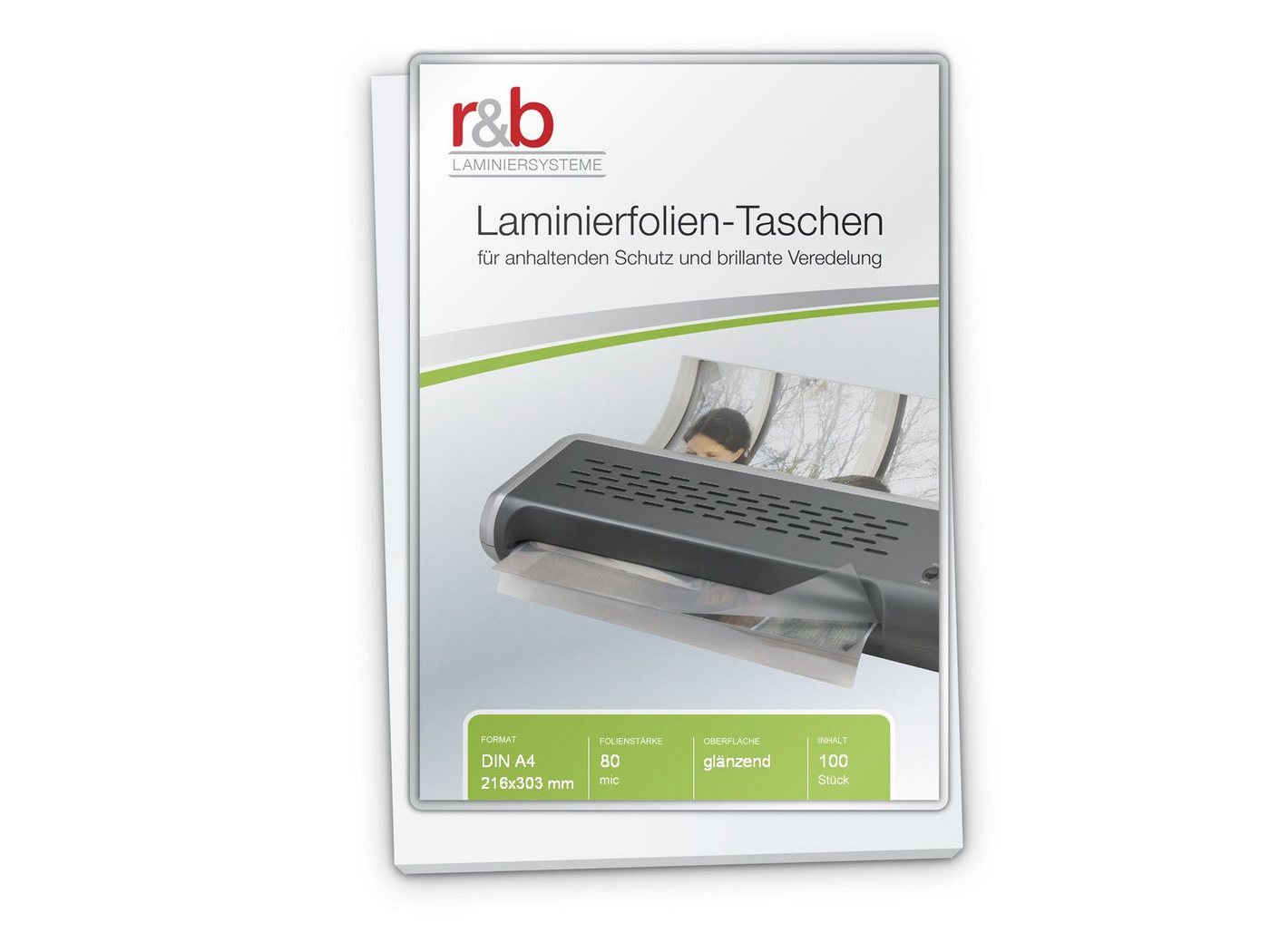 r&b Laminiersysteme Schutzfolie Laminierfolien A4 (216 x 303 mm) 2 x 80 mic glänzend mit selbstkl. Rücks. von r&b Laminiersysteme