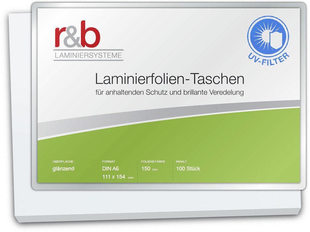 r&b Laminiersysteme Schutzfolie Laminierfolien A6 (111 x 154 mm), 2 x 150 mic, glänzend, mit UV Filter von r&b Laminiersysteme