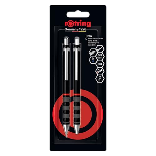 Rotring Tikky Set aus Feinminenstift und Kugelschreiber | Bleistift mit HB-Mine, 0,5 mm | Schreibgerät mit mittelgroßer Spitze | Schaft in Schwarz | Leicht mit gummierter Griffzone von rOtring