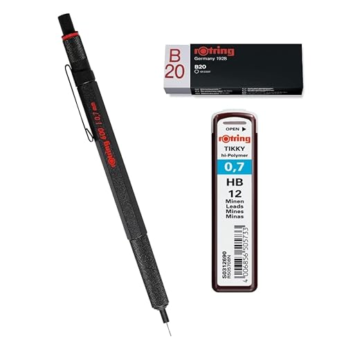 rOtring 600 Druckbleistift Set | 0,7 mm | Schwarzer Ganzmetallkörper Drehbleistift Sechskantschaft | HB 0,70 mm (12 Minen) | Radierer B20 von rOtring